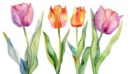 Fototapeta premium Watercolor botanical illustration of tulips with ink and wash combination, intricate details with bold colors, light background