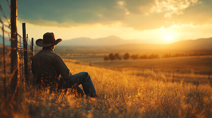 Golden Hour Cowboy: A lone cowboy sits contemplatively on a hillside, gazing at a breathtaking sunset over rolling hills and a barbed wire fence. His silhouette against the fiery sky evokes a sense of