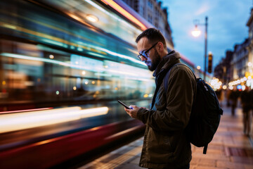 Urban Evening Scene with Man Using Mobile Phone and Blurred Motion of Passing Bus