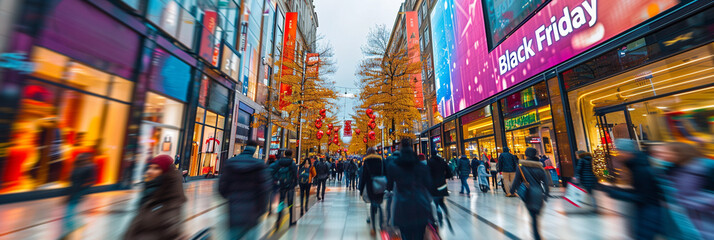 A busy shopping mall filled with consumers taking advantage of Black Friday sales, showcasing the hustle and bustle of holiday shopping with numerous stores advertising discounts and promotions
