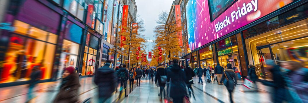 A busy shopping mall filled with consumers taking advantage of Black Friday sales, showcasing the hustle and bustle of holiday shopping with numerous stores advertising discounts and promotions