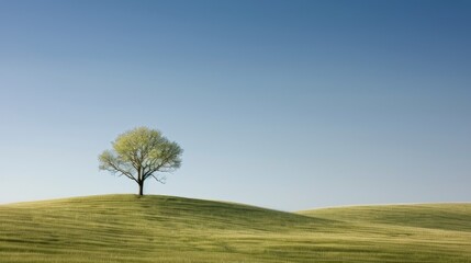 Obraz premium Lone Tree on Rolling Green Hills Under Clear Blue Sky at Sunrise