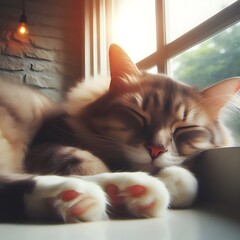 Sleeping Cat by Window with Sunlight