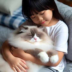Young Girl Holding a Sleeping Ragdoll Cat