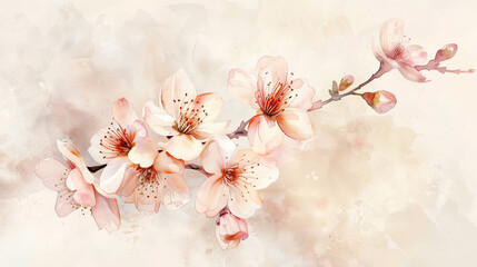 Watercolor cherry blossoms in wet-on-dry style, delicate and detailed, bright pastel shades, light beige background