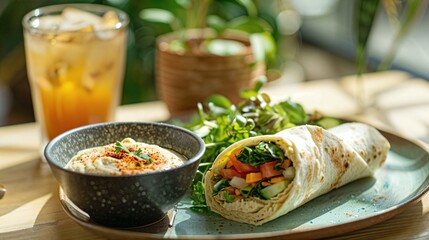 a plate with a burrito and a bowl of salsa