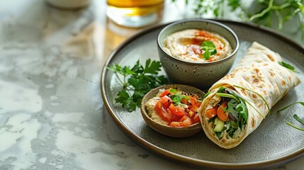 a plate with a burrito and a bowl of salsa