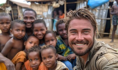 Obraz premium A Caucasian volunteer man in Africa takes a selfie with children, exemplifying the human community concept of volunteering.