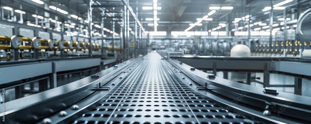 Poster modern automated factory production line with shiny metallic conveyor belt