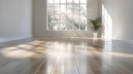 Fototapeta premium Sunlight Streaming Through Windows Onto Beautiful Hardwood Floor in Morning Light