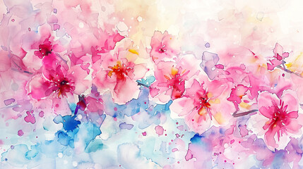 Watercolor cherry blossoms with color mixing on paper, vibrant and dynamic blending of spring colors, light background