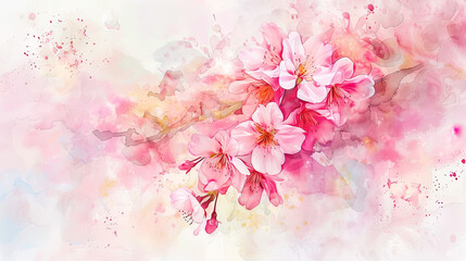 Watercolor cherry blossoms with color mixing on paper, vibrant and natural blending of spring colors, light background