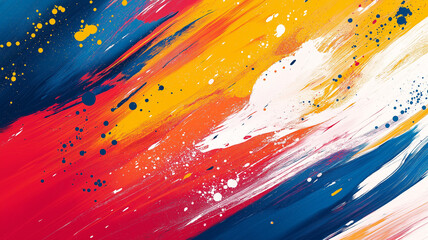A dynamic abstract painting with vibrant brush strokes and splashes of red, yellow, blue, and white, creating an energetic visual impact.

