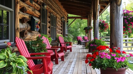 Naklejka premium Red chairs and tables on veranda of a house with green plants