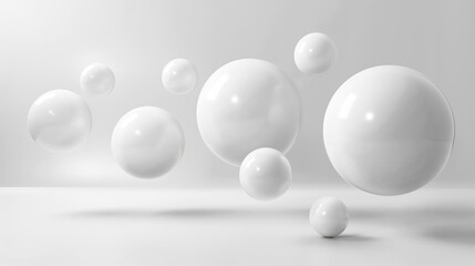 white abstract bubbles round circles background, white minimalistic abstract background with white room and spheres with soft light and shadows