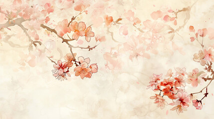 Watercolor cherry blossoms with gradient washes, seamless transitions in soft spring hues, light beige background