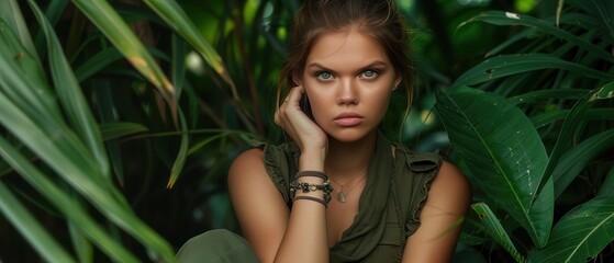 Beautiful woman posing among lush green jungle leaves.