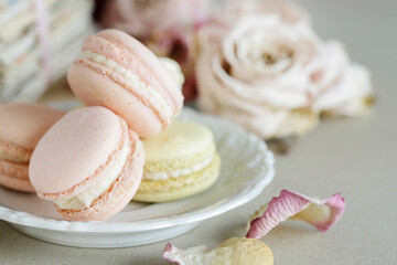 French macaroons on porcealin plate. Roses and love letters in the background.