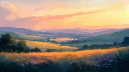 Idyllic Sunset Over Rolling Hills and Fields