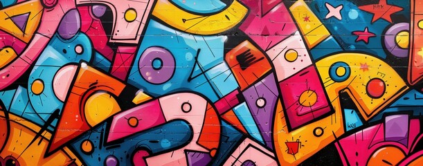 Obraz premium Vibrant colors come alive in this street art mural, expressing the artists creativity through a mix of text and graffiti. Full Frame,