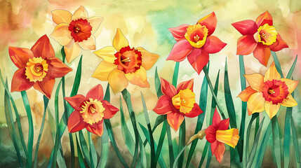 Fototapeta premium Watercolor daffodils in dry brush style, bold strokes and vivid greens and reds, lively scene, clean background