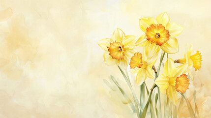Watercolor daffodils in wet-on-dry style, delicate and detailed, bright pastel shades, light beige background