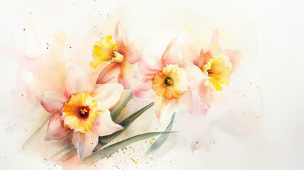Watercolor daffodils in wet-on-wet style, soft blending of pinks and yellows, white background