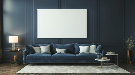 Mockup de salón moderno en tonos azul marino con sofá y decoración elegante con cuadro grande blanco en el centro