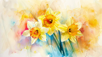 Watercolor daffodils with color mixing on paper, vibrant and dynamic blending of spring colors, light background