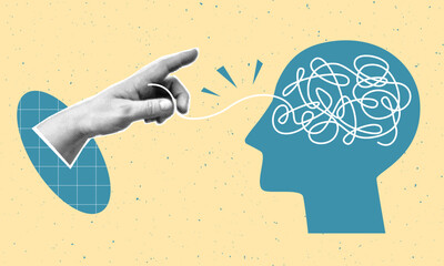 Collage of mental health concept with halftone hand and human head. Psychologic therapy session concept and help in fighting stress, depression, emotional burnout and other psychological problems