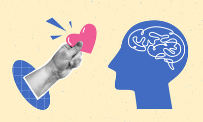 Collage of mental health concept with halftone hand, heart and human head with brain. Mental health, mental well-being and wellness, inspiration vector modern illustration. Design element for poster