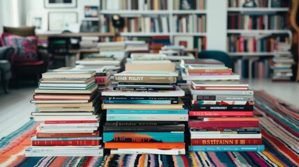 Stacked Books on a Colorful Table Runner in a Cozy Home Office Workspace