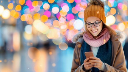 Young Woman Checking Phone Amid Soft Light Bokeh in Urban Evening Setting
