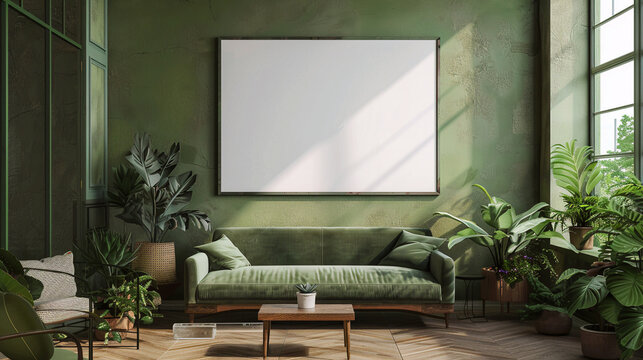 Sal&oacute;n verde con decoraci&oacute;n bot&aacute;nica y cuadro grande blanco en el centro, sof&aacute; y luz natural, dise&ntilde;o interior minimalista y elegante para un hogar acogedor
