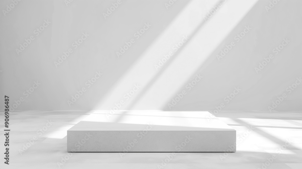 Aufkleber Empty marble stone white podium stage table in white empty studio room with sunlight beams from windows. White empty table stage mock up background for products and design
