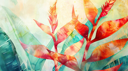 Watercolor heliconia using layering (glazing), deep colors creating depth, elegant texture, light background