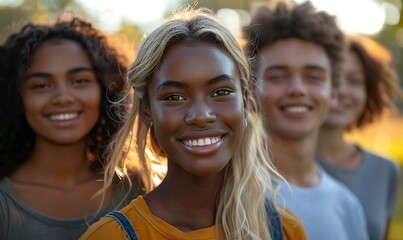 Fototapeta premium A cheerful group of young friends smiling at the camera, taking a selfie portrait with a smart mobile phone at the park, embodies youth and friendship.