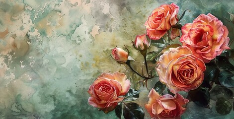 Watercolor garden roses using layering (glazing), depth with rich hues, textured paper background