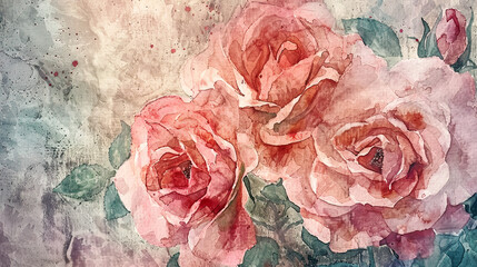 Watercolor garden roses using layering (glazing), depth with rich hues, textured paper background