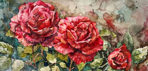 Watercolor garden roses using layering (glazing), depth with rich hues, textured paper background