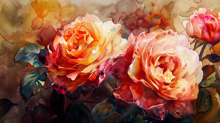Watercolor garden roses using layering (glazing), depth with rich hues, textured paper background