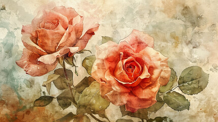 Watercolor garden roses using layering (glazing), rich and deep colors, elegant and serene, textured paper background
