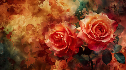 Watercolor garden roses using layering (glazing), rich and deep colors, elegant and serene, textured paper background