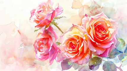Watercolor garden roses with detailing using fine brushes, intricate petals, vibrant colors, light background