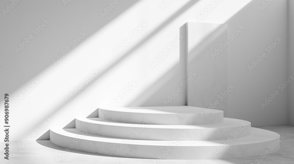 Aufkleber Empty marble stone steps white podium stage table in white empty studio room with sunlight beams from windows. White empty table stage mock up background for products and design