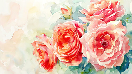 Watercolor garden roses with detailing using fine brushes, vibrant and intricate petals, light background