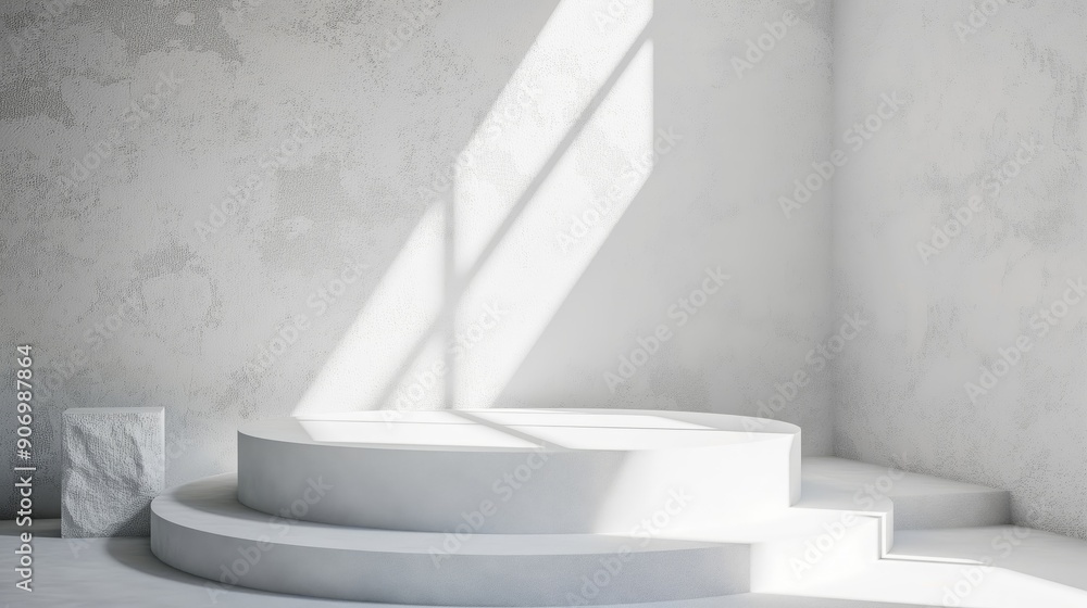 Aufkleber Empty circle round cylindric marble stone white podiums stages table in white empty studio room with sunlight beams from windows. White empty table stage mock up background for products and design