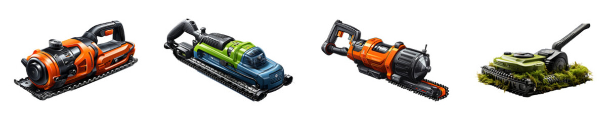Set, Collection of Electric Brush Cutter isolated on transparent background.