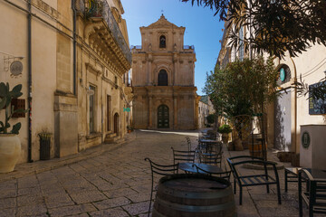 Cityscape of historical center with facade of church San Michele Arcangelo, Scicli, Sicily, Italy