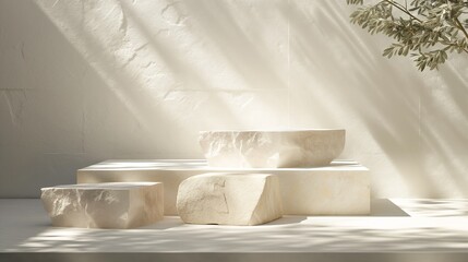 Stone forms table podium stage mock up in stone concrete marble room, stone podium mock up platform marble empty room copy space pedestal product placement template for cosmetic products sunlight